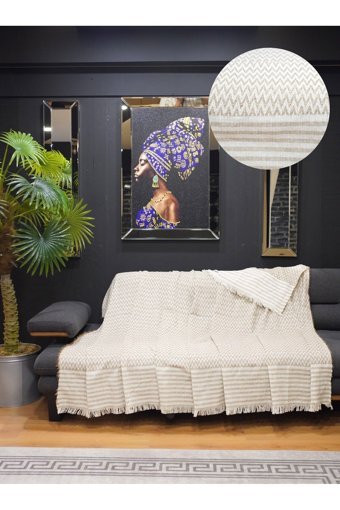 Star Home Collections Pamuklu Polar Saçaklı Süngersiz Geometrik Desenli Bej Tekli Koltuk Örtüsü 170x220 cm