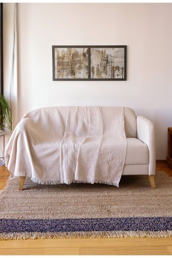 Xamantha Pamuklu Polar Saçaklı Süngersiz Çizgili Bej Tekli Koltuk Örtüsü 175x210 cm