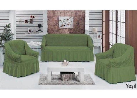 Karna Home Pamuklu Bürümcük Fırfırlı Süngersiz Kareli Giydirmeli Beyaz Beşli Koltuk Örtüsü 210x240 cm