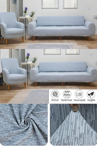 Btf Home Pamuklu - Polyester Likralı Jakarlı Süngersiz Armürlü Giydirmeli Lastikli Gri Sekizli Koltuk Örtüsü 180x230 cm