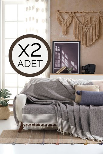 Lux Touch Bergama Pamuklu Püsküllü Süngersiz Geometrik Desenli Kahverengi İkili Koltuk Örtüsü 180x200 cm