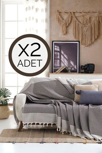 Lux Touch Bergama Pamuklu Püsküllü Süngersiz Geometrik Desenli Kahverengi İkili Koltuk Örtüsü 180x200 cm