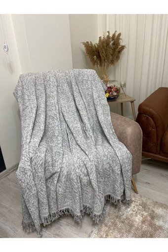 Şener Home Pamuklu Polar Saçaklı Süngersiz Mermer Desenli Gri Tekli Koltuk Örtüsü 170x220 cm