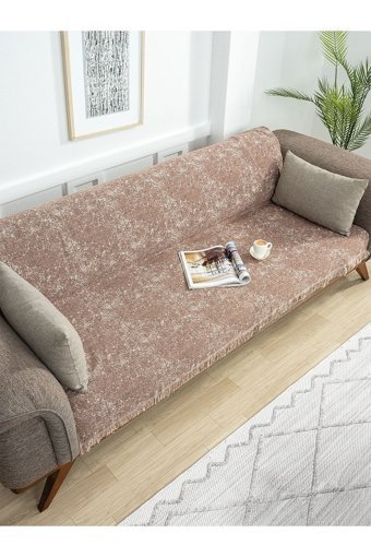 Ecre Pamuklu Kanvas Saçaklı Süngersiz Kahverengi Üçlü Koltuk Örtüsü 170x220 cm
