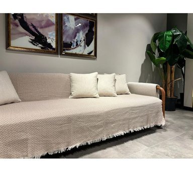 Mucize Evim Pamuklu Saçaklı Süngersiz Geometrik Desenli Bej Tekli Koltuk Örtüsü 170x200 cm