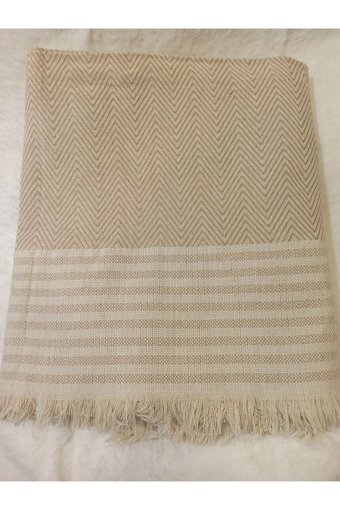 Şener Home Pamuklu Polar Saçaklı Süngersiz Çizgili Kahverengi İkili Koltuk Örtüsü 170x301 cm