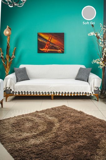 Eren Home Pamuklu Kanvas Püsküllü Süngersiz Armürlü Gri Üçlü Koltuk Örtüsü 180x300 cm