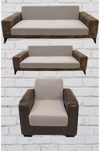 Şahane Ev Mikro Polyester Likralı Jakarlı Süngersiz Düz Giydirmeli Lastikli Kahverengi Üçlü Koltuk Örtüsü 23x83 cm
