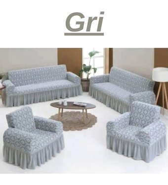 Uytm Pamuklu - Polyester Bürümcük-Likralı Drapeli Süngerli Çiçek Desenli Giydirmeli Gri Dörtlü Koltuk Örtüsü 80x120 cm