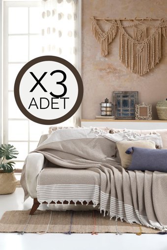Lux Touch Bergama Pamuklu Püsküllü Süngersiz Geometrik Desenli Hardal Üçlü Koltuk Örtüsü 180x200 cm