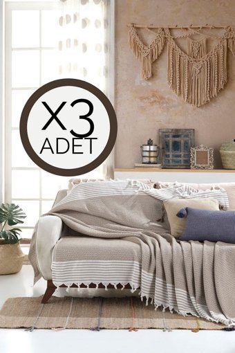 Lux Touch Bergama Pamuklu Püsküllü Süngersiz Geometrik Desenli Hardal Üçlü Koltuk Örtüsü 180x200 cm