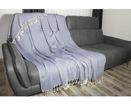 Bies Living Collection Drea Premium Pamuklu Püsküllü Süngersiz Düz Kaymaz Lacivert Tekli Koltuk Örtüsü 200x240 cm