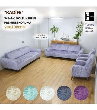 Faiend Kadife Süngersiz Düz Giydirmeli Mavi 3-3-1-1 Koltuk Örtüsü 180x220 cm