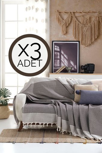 Lux Touch Bergama Pamuklu Püsküllü Süngersiz Geometrik Desenli Kahverengi Üçlü Koltuk Örtüsü 180x200 cm