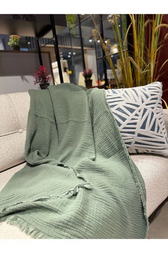 Oteks Home Collection Müslin Örgü Saçaklı Süngersiz Armürlü Haki Tekli Koltuk Örtüsü 100x200 cm