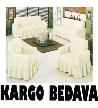 Altın Kelebek Pamuklu - Polyester Bürümcük Fırfırlı Süngersiz Giydirmeli Lastikli Krem Dörtlü Koltuk Örtüsü 180x230 cm