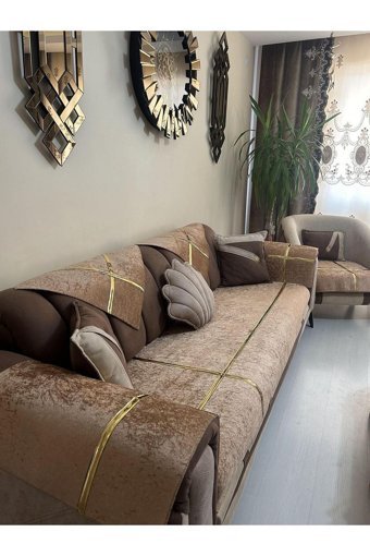 Tekstilsa Kadife Polar Varaklı Süngerli Kahverengi İkili Koltuk Örtüsü 200x70 cm