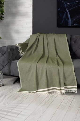 Denizli Concept Alinda Pamuklu - Polyester Kanvas Saçaklı Süngersiz Armürlü Kaymaz Yeşil Üçlü Koltuk Örtüsü 170x301 cm