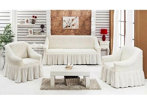 Uytm Pamuklu - Polyester Bürümcük-Likralı Drapeli Süngerli Çizgili Giydirmeli Beyaz Üçlü Koltuk Örtüsü 80x120 cm