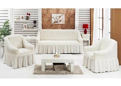 Uytm Pamuklu - Polyester Bürümcük-Likralı Drapeli Süngerli Çizgili Giydirmeli Beyaz Üçlü Koltuk Örtüsü 80x120 cm