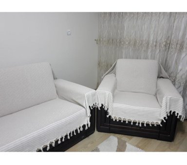Genç Uludağ Pamuklu Püsküllü Süngersiz Gri Tekli Koltuk Örtüsü 180x300 cm