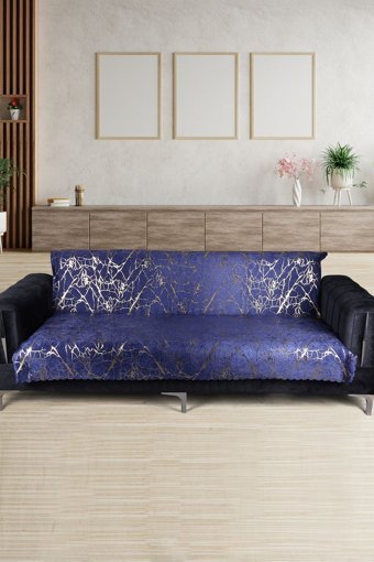 Teksev Kadife Polar Varaklı Süngerli Çizgili Lacivert Tekli Koltuk Örtüsü 170x210 cm