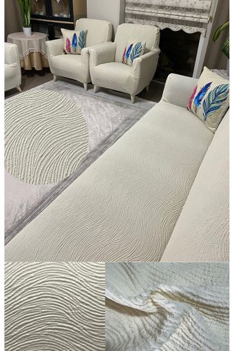 Uyumev Polyester Bürümcük-Likralı Jakarlı Süngerli Çizgili Giydirmeli Bej Tekli Koltuk Örtüsü 230x180 cm