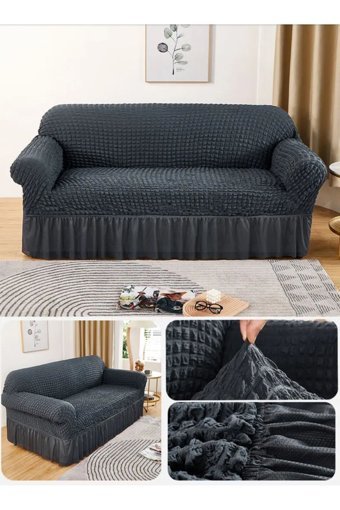 Uyumev Pamuklu - Polyester Bürümcük-Likralı Drapeli Süngerli Çizgili Giydirmeli Gri Tekli Koltuk Örtüsü 180x230 cm