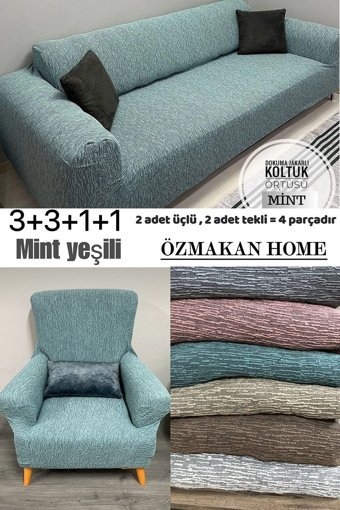 Özmakan Pamuklu - Polyester Likralı Jakarlı Süngersiz Çizgili Giydirmeli Yeşil Tekli Koltuk Örtüsü 185x220 cm