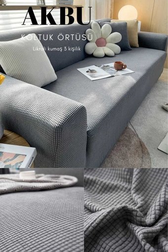 Akbu Polyester Likralı Süngersiz Mermer Desenli Giydirmeli Lastikli Gri Tekli Koltuk Örtüsü 180x230 cm