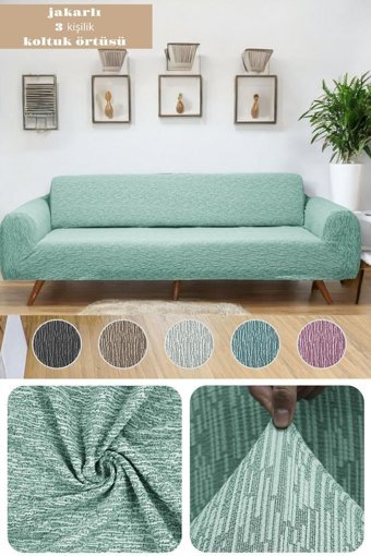 Btf Home Pamuklu Likralı Jakarlı Süngersiz Armürlü Giydirmeli Lastikli Yeşil Üçlü Koltuk Örtüsü 230x180 cm