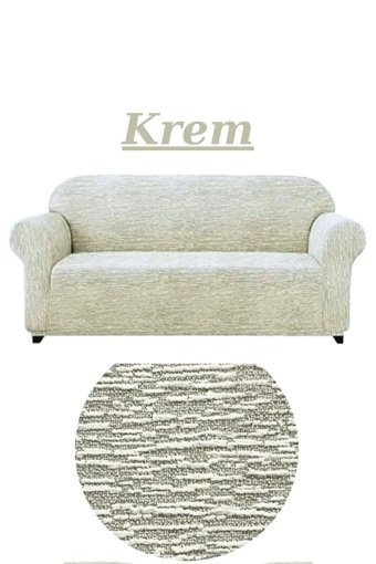 Furkanticaret Jakarlı Süngersiz Kırçıllı Giydirmeli Krem Üçlü Koltuk Örtüsü 180x230 cm