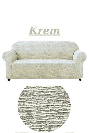 Furkanticaret Jakarlı Süngersiz Kırçıllı Giydirmeli Krem Üçlü Koltuk Örtüsü 180x230 cm