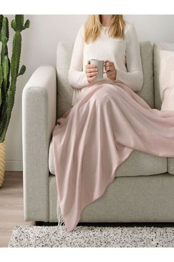 Ikea Pamuklu Saçaklı Süngersiz Düz Pembe Tekli Koltuk Örtüsü