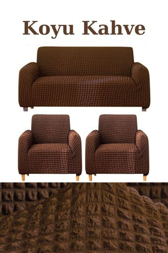 Uytm Polyester Bürümcük-Likralı Süngerli Çizgili Giydirmeli Kahverengi Üçlü Koltuk Örtüsü 180x230 cm