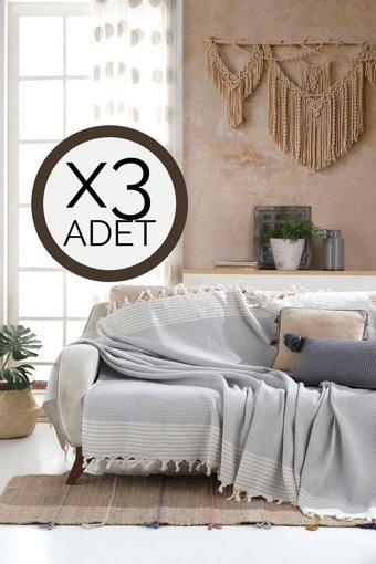 Lux Touch Bergama Pamuklu Püsküllü Süngersiz Geometrik Desenli Gri Üçlü Koltuk Örtüsü 180x200 cm