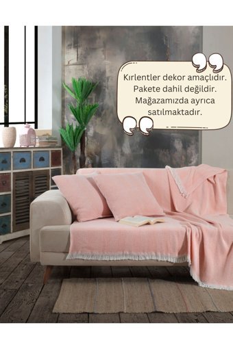 Lux Touch Lily Pamuklu Püsküllü Süngersiz Geometrik Desenli Pembe Tekli Koltuk Örtüsü 150x200 cm