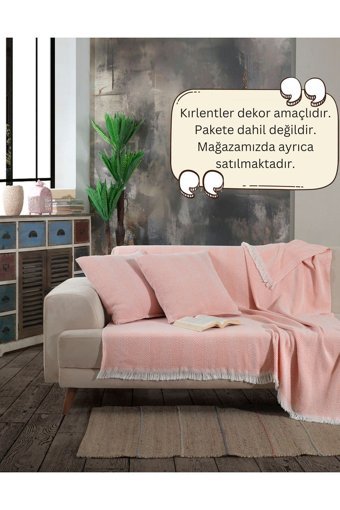 Lux Touch Lily Pamuklu Püsküllü Süngersiz Geometrik Desenli Pembe Tekli Koltuk Örtüsü 150x200 cm