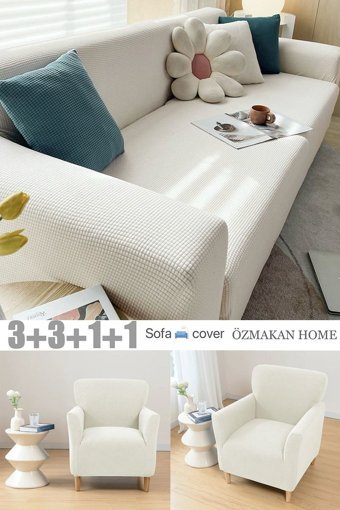 Özmakan Pamuklu - Polyester Likralı Jakarlı Süngersiz Petek Desenli Giydirmeli Bej Dörtlü Koltuk Örtüsü 180x230 cm