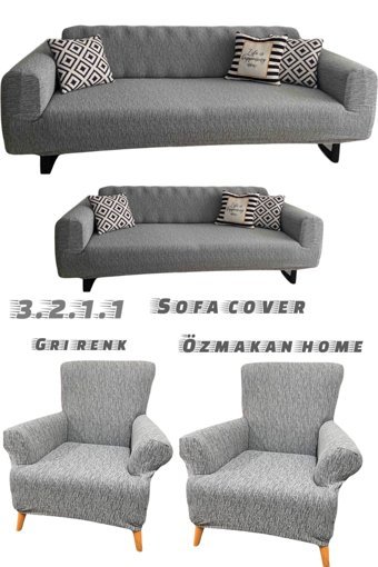 Özmakan Likralı Jakarlı Süngersiz Çizgili Giydirmeli Gri Dörtlü Koltuk Örtüsü 180x230 cm