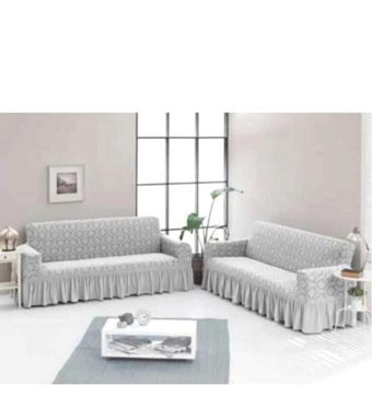 Akbu Pamuklu - Polyester Fırfırlı Süngersiz Giydirmeli Lastikli Bej ikili Koltuk Örtüsü 180x215 cm