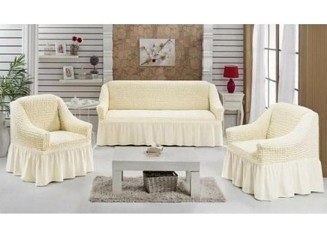 Heytgah Pamuklu - Polyester Bürümcük Fırfırlı Süngersiz Kapitone Giydirmeli Krem Üçlü Koltuk Örtüsü 80x120 cm