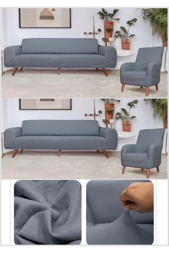 Btf Home Polyester Likralı Jakarlı Süngersiz Armürlü Giydirmeli Lastikli Gri Sekizli Koltuk Örtüsü 180x230 cm