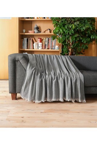 Mokita Home Pamuklu Saçaklı Süngersiz Çizgili Siyah Tekli Koltuk Örtüsü 170x210 cm