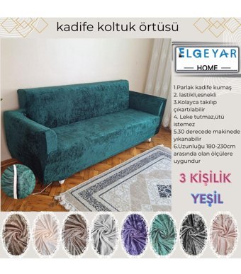 Elgeyar Kadife Likralı Jakarlı Süngersiz Armürlü Giydirmeli Yeşil Üçlü Koltuk Örtüsü 180x230 cm