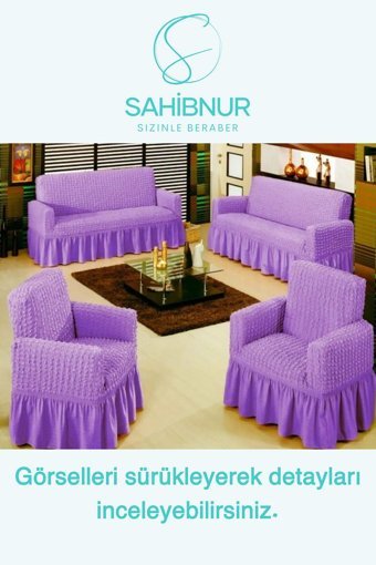Sahibnur Pamuklu - Polyester Bürümcük Jakarlı Süngersiz Geometrik Desenli Giydirmeli Mor Dörtlü Koltuk Örtüsü 180x230 cm