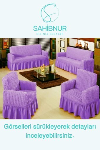 Sahibnur Pamuklu - Polyester Bürümcük Jakarlı Süngersiz Geometrik Desenli Giydirmeli Mor Dörtlü Koltuk Örtüsü 180x230 cm