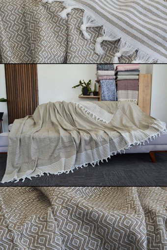 Mutlu Çeyiz Diamond Pamuklu Püsküllü Süngersiz Çizgili Kahverengi Tekli Koltuk Örtüsü 180x300 cm