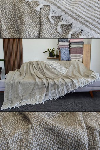 Mutlu Çeyiz Diamond Pamuklu Püsküllü Süngersiz Çizgili Kahverengi Tekli Koltuk Örtüsü 180x300 cm