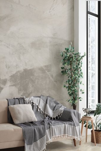 Miracolo Home Pamuklu Püsküllü Süngersiz Çizgili Siyah Tekli Koltuk Örtüsü 170x210 cm